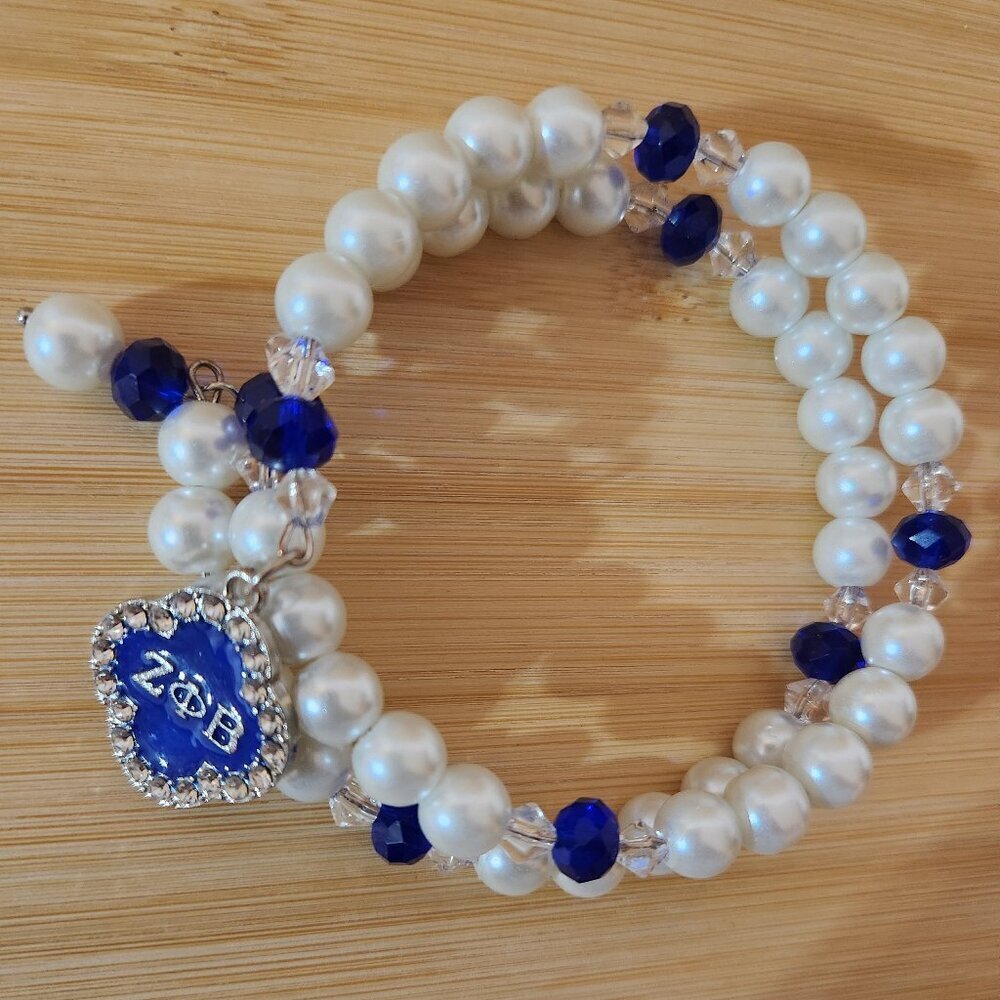 Handcrafted Zeta Phi Beta Charm Wrap Memory Wire Pearl Bracelet